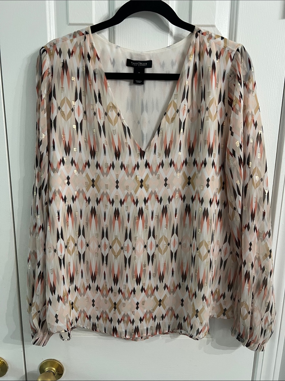 White House Black Market Multi-Color Geometric V-Neck Blouse